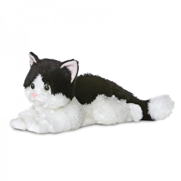 Peluche chat noir et blanc allongé 30 cm