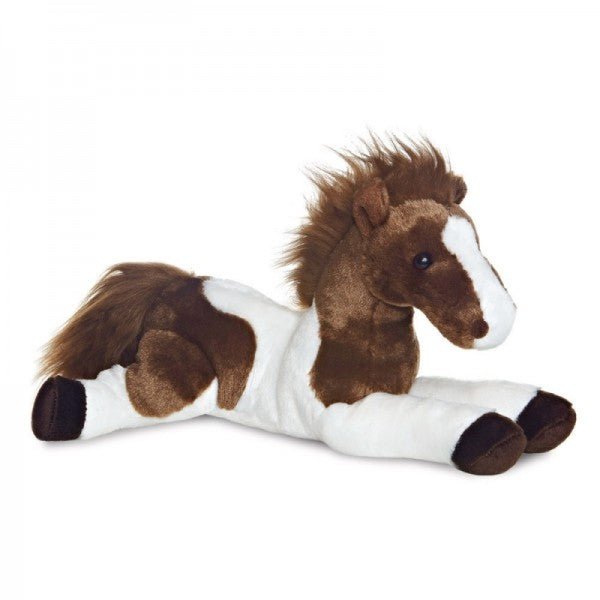 Peluche cheval marron et blanc couché 30 cm