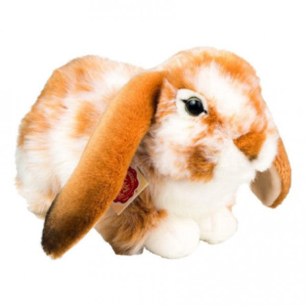 Peluche lapin brun clair, blanc tacheté assis 30 cm